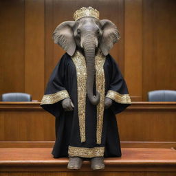 A majestic elephant dressed in a formal Chief Justice attire of Nigeria, standing in a courtroom.