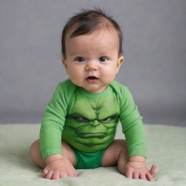 Visualize a sweet and cute baby portraying as a mini Hulk, with green skin and adorable Hulk-themed baby clothes, exhibiting a playful stomp.