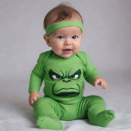 Visualize a sweet and cute baby portraying as a mini Hulk, with green skin and adorable Hulk-themed baby clothes, exhibiting a playful stomp.