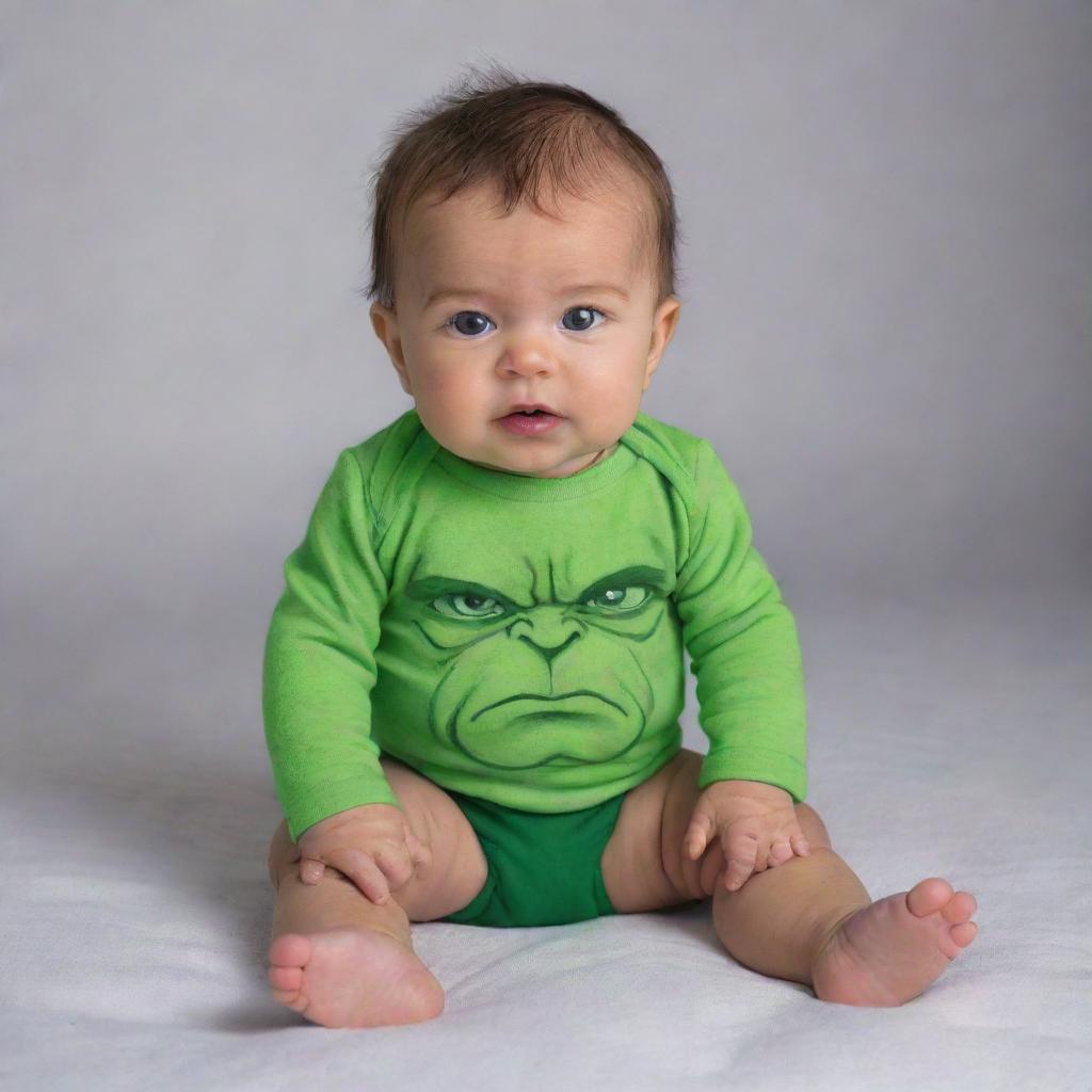 Visualize a sweet and cute baby portraying as a mini Hulk, with green skin and adorable Hulk-themed baby clothes, exhibiting a playful stomp.