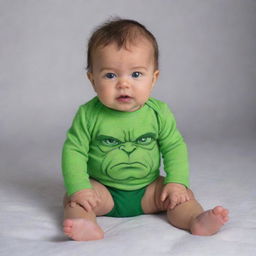 Visualize a sweet and cute baby portraying as a mini Hulk, with green skin and adorable Hulk-themed baby clothes, exhibiting a playful stomp.