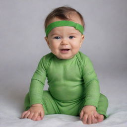 Visualize a sweet and cute baby portraying as a mini Hulk, with green skin and adorable Hulk-themed baby clothes, exhibiting a playful stomp.