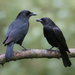 A crow and a cuckoo, perched side by side on a branch, engaged in an animated discussion with each other,