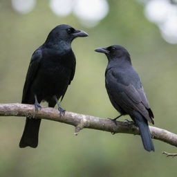 A crow and a cuckoo, perched side by side on a branch, engaged in an animated discussion with each other,