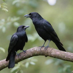 A crow and a cuckoo, perched side by side on a branch, engaged in an animated discussion with each other,