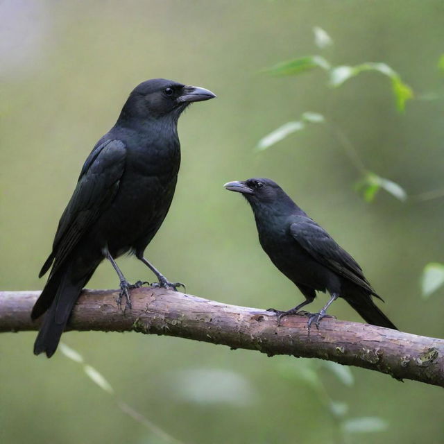 A crow and a cuckoo, perched side by side on a branch, engaged in an animated discussion with each other,