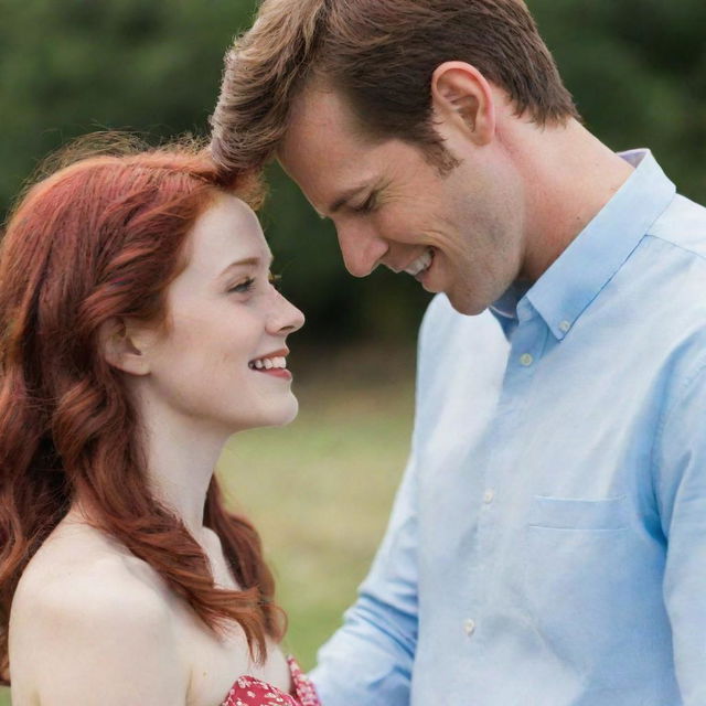 A tall boy with brown hair looking affectionately at a girl with red hair.