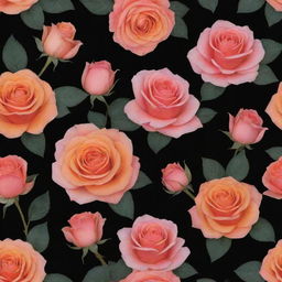 A cloth design featuring a pattern of pink and orange roses against a stark black background.