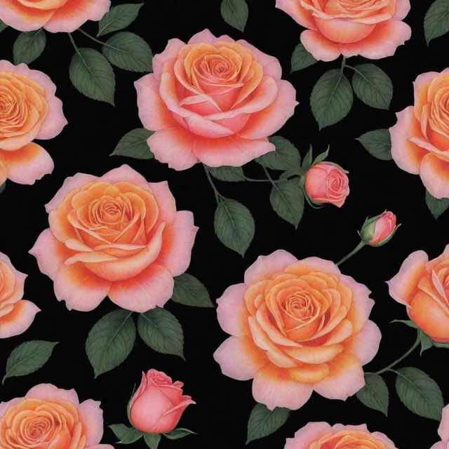 A cloth design featuring a pattern of pink and orange roses against a stark black background.