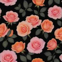 A cloth design featuring a pattern of pink and orange roses against a stark black background.