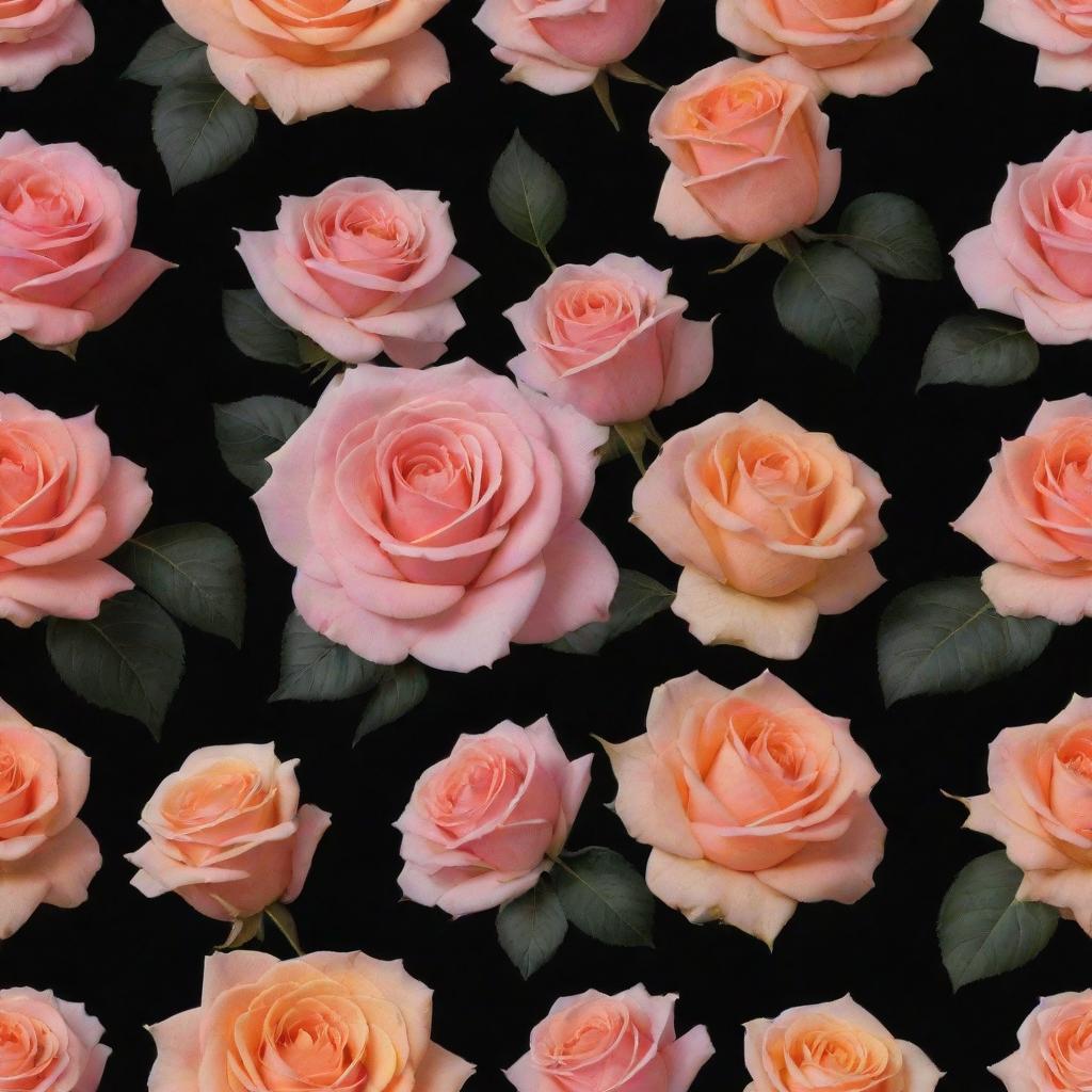 A cloth design featuring a pattern of pink and orange roses against a stark black background.