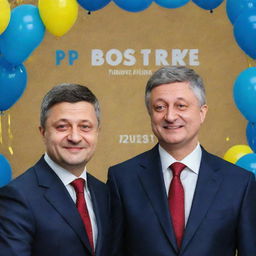 A festive birthday card featuring Volodymyr Zelensky and Petro Poroshenko with a celebratory background.