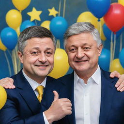 A festive birthday card featuring Volodymyr Zelensky and Petro Poroshenko with a celebratory background.