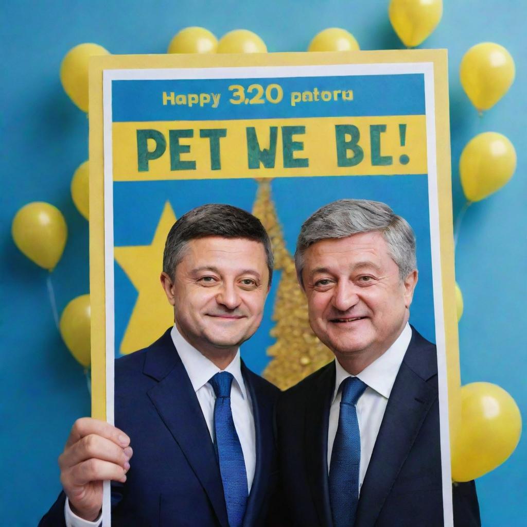 A festive birthday card featuring Volodymyr Zelensky and Petro Poroshenko with a celebratory background.