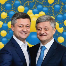 A festive birthday card featuring Volodymyr Zelensky and Petro Poroshenko with a celebratory background.