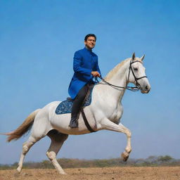 Pankaj Sigra elegantly riding a majestic horse under an azure sky