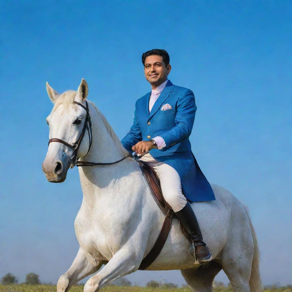 Pankaj Sigra elegantly riding a majestic horse under an azure sky