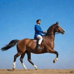 Pankaj Sigra elegantly riding a majestic horse under an azure sky