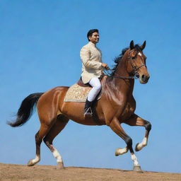 Pankaj Sigra elegantly riding a majestic horse under an azure sky