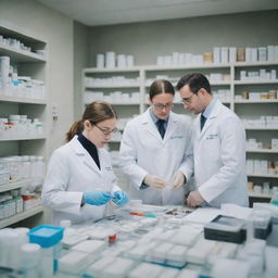 A detailed scene of dedicated pharmacists meticulously working in a compounding pharmacy, surrounded by instruments and medicine. They are engrossed in their jobs ensuring the precise mixtures of various drugs.