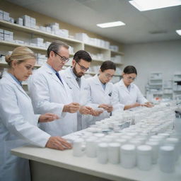 A detailed scene of dedicated pharmacists meticulously working in a compounding pharmacy, surrounded by instruments and medicine. They are engrossed in their jobs ensuring the precise mixtures of various drugs.