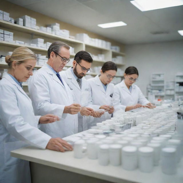 A detailed scene of dedicated pharmacists meticulously working in a compounding pharmacy, surrounded by instruments and medicine. They are engrossed in their jobs ensuring the precise mixtures of various drugs.