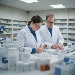 A detailed scene of dedicated pharmacists meticulously working in a compounding pharmacy, surrounded by instruments and medicine. They are engrossed in their jobs ensuring the precise mixtures of various drugs.