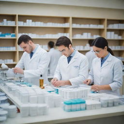 A detailed scene of dedicated pharmacists meticulously working in a compounding pharmacy, surrounded by instruments and medicine. They are engrossed in their jobs ensuring the precise mixtures of various drugs.