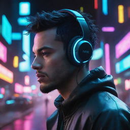 Futuristic avatar of a man with neon glowing headphones, engrossed in music, set against a cyberpunk landscape