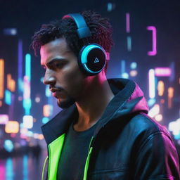 Futuristic avatar of a man with neon glowing headphones, engrossed in music, set against a cyberpunk landscape