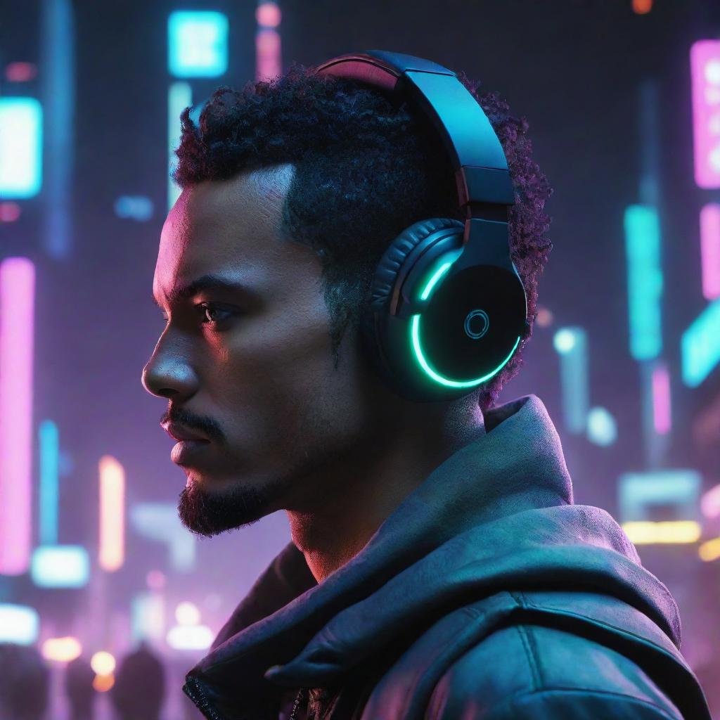 Futuristic avatar of a man with neon glowing headphones, engrossed in music, set against a cyberpunk landscape