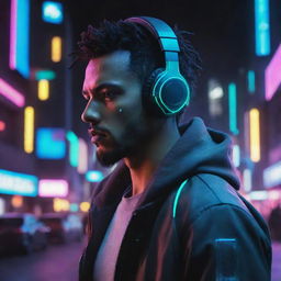 Futuristic avatar of a man with neon glowing headphones, engrossed in music, set against a cyberpunk landscape