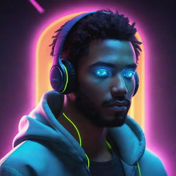 A high-quality illustration of a male avatar, adorned with neon headphones, immersed in music. He should have a futuristic, cyberpunk aesthetic.