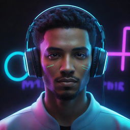 A high-quality illustration of a male avatar, adorned with neon headphones, immersed in music. He should have a futuristic, cyberpunk aesthetic.