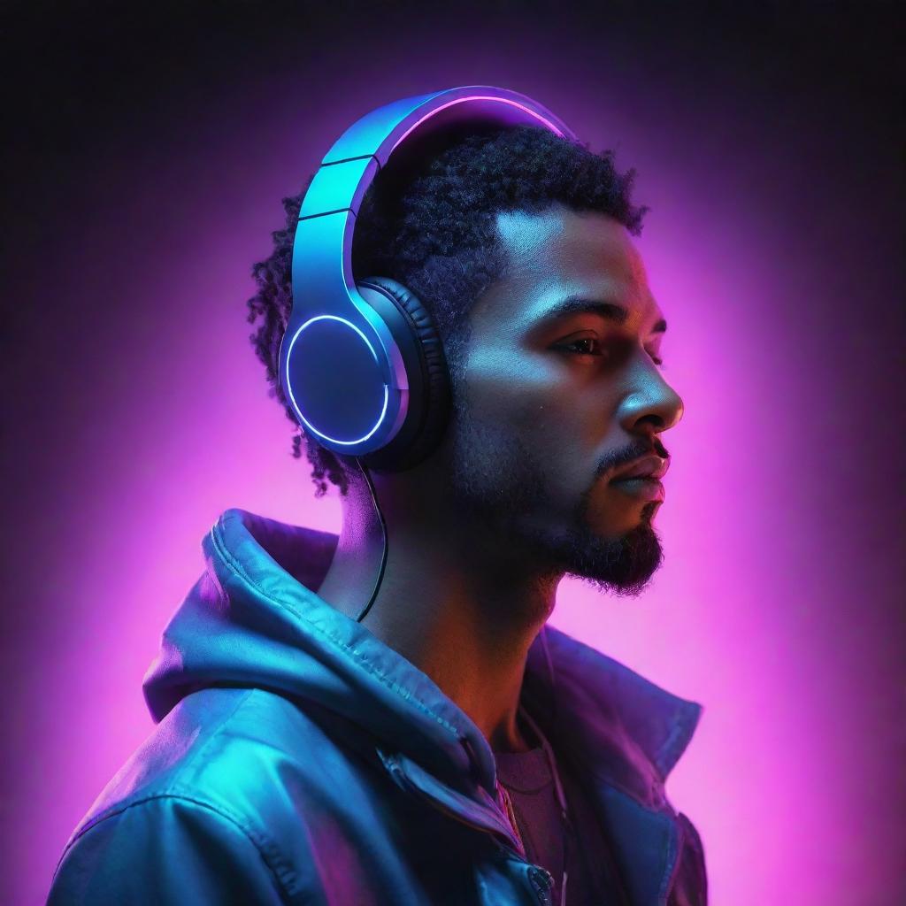 A high-quality illustration of a male avatar, adorned with neon headphones, immersed in music. He should have a futuristic, cyberpunk aesthetic.