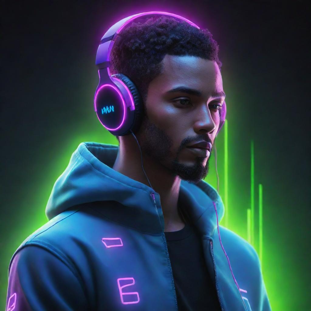 A high-quality illustration of a male avatar, adorned with neon headphones, immersed in music. He should have a futuristic, cyberpunk aesthetic.