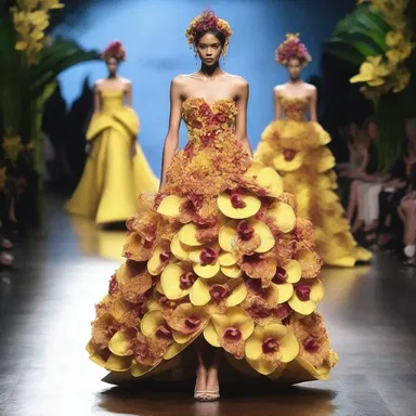 The fashion runway showcased a stunning couture dress adorned with Maxillaria orchids, creating a breathtaking and unique look.