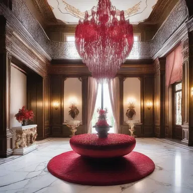 The luxurious mansion featured an opulent foyer with an exquisite chandelier inspired by the delicate and graceful form of a blood flower in full bloom.