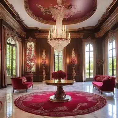 The luxurious mansion featured an opulent foyer with an exquisite chandelier inspired by the delicate and graceful form of a blood flower in full bloom.