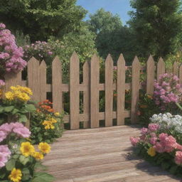 An animated scene featuring a wooden fence adorned with a variety of beautiful flowers. In the foreground, a large wooden parquet pathway.