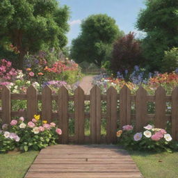 An animated scene featuring a wooden fence adorned with a variety of beautiful flowers. In the foreground, a large wooden parquet pathway.