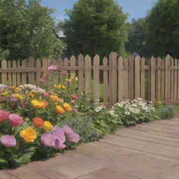 An animated scene featuring a wooden fence adorned with a variety of beautiful flowers. In the foreground, a large wooden parquet pathway.