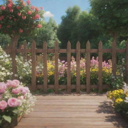 An animated scene featuring a wooden fence adorned with a variety of beautiful flowers. In the foreground, a large wooden parquet pathway.