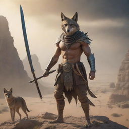 A mythical warrior, half-human with a head of a jackal, holding a mighty weapon, ready for battle amidst an ancient, mystical landscape.