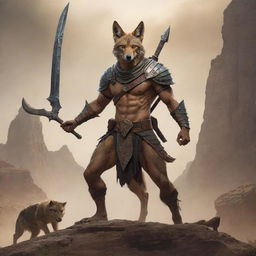 A mythical warrior, half-human with a head of a jackal, holding a mighty weapon, ready for battle amidst an ancient, mystical landscape.