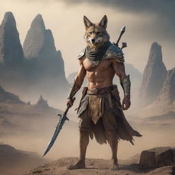 A mythical warrior, half-human with a head of a jackal, holding a mighty weapon, ready for battle amidst an ancient, mystical landscape.