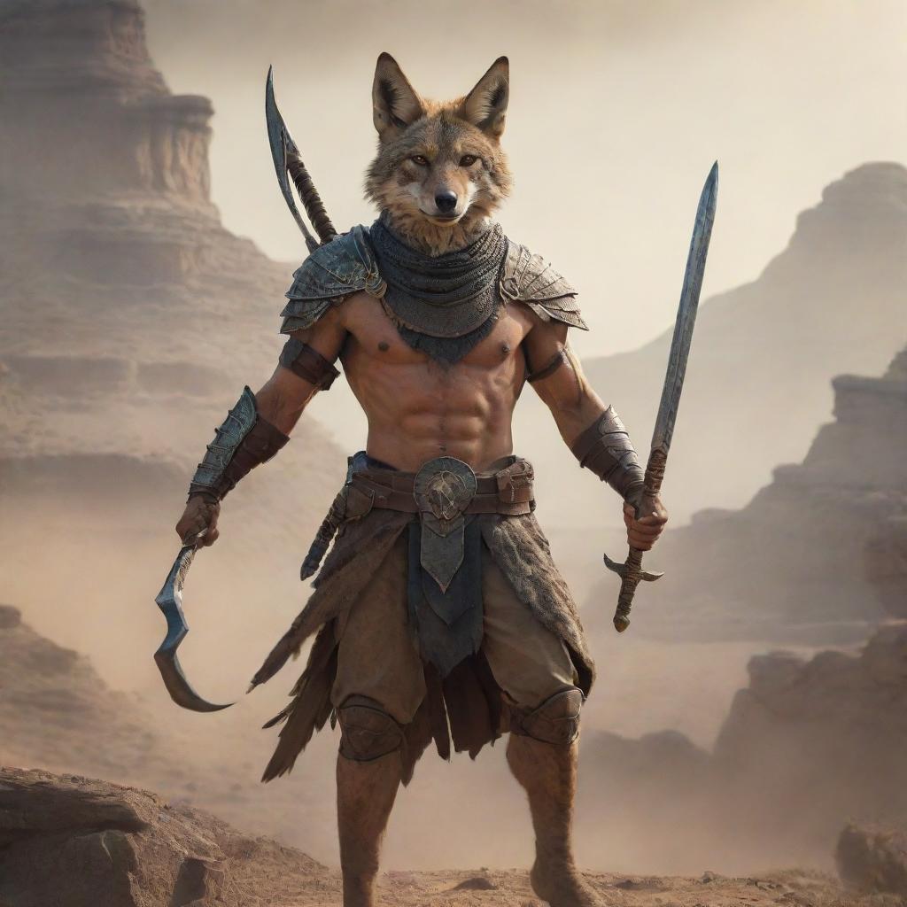 A mythical warrior, half-human with a head of a jackal, holding a mighty weapon, ready for battle amidst an ancient, mystical landscape.