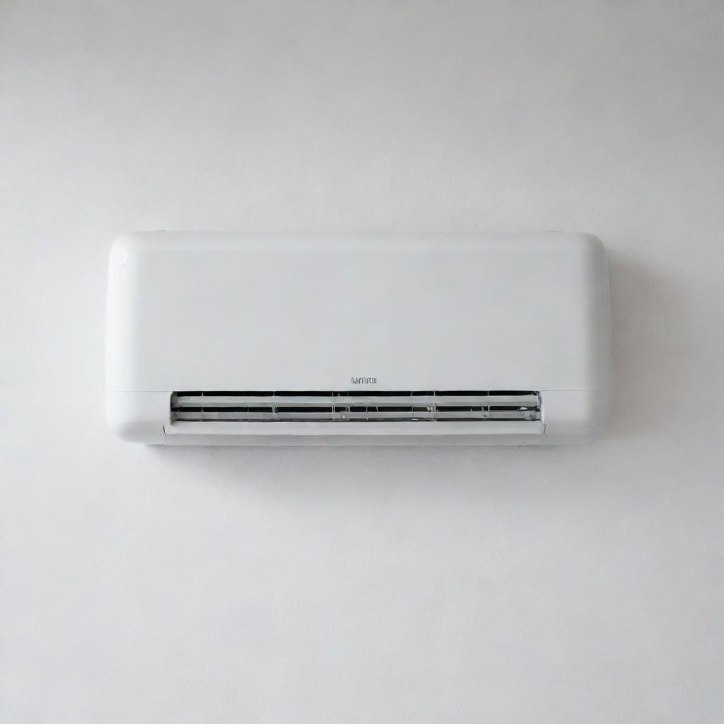 A modern, sleek air conditioning unit mounted on a clean, white wall.