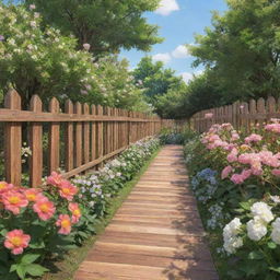 An anime-style wooden fence surrounded by various beautiful flowers, with a large parquet path in the foreground.