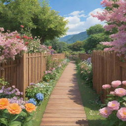 An anime-style wooden fence surrounded by various beautiful flowers, with a large parquet path in the foreground.